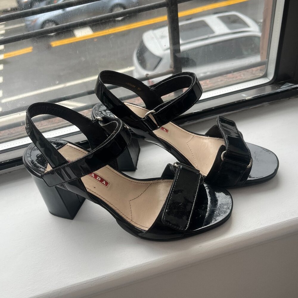 Prada Patent Leather Heeled Sandals | Size US 7 / EU 37